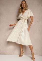 Jasnobeżowa Sukienka Wiązana w Talii z Plisowaniem na Dole Dorseki. Brązowe sukienki Renee, l, bez wzorów, eleganckie, bez kołnierzyka, bez ramiączek, midi, kopertowe. W wyprzedaży za 47.99 zł.