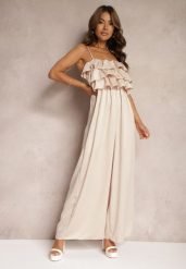 Beżowy Koktajlowy Kombinezon na Ramiączkach z Regulacją i Gumką w Talii Uesvia. Brązowe sukienki Renee, na imprezę, bez wzorów, eleganckie, bez kołnierzyka, bez ramiączek, dopasowane. W wyprzedaży za 67.99 zł.