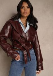 Bordowa Kurtka z Ekoskóry o Krótkim Kroju w Stylu Trencza z Paskiem i Kapturem Nilassiela. Czerwone kurtki Renee, l, bez wzorów, z bawełny. Za 249.99 zł.