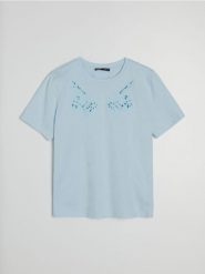 Bawełniana bluzka - niebieski. Niebieskie bluzki Sinsay, l, bez wzorów, z bawełny, bez kołnierzyka, bez ramiączek. Za 29.99 zł.