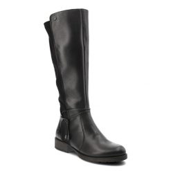Czarne Kozaki Rieker Stylowe Obuwie Damskie. Czarne kozaki Rieker, na jesień, bez wzorów, z materiału, eleganckie, bez obcasa, bez zapięcia. Za 409.00 zł.