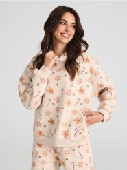 Bluza w świąteczny wzór - beżowy. Brązowe bluzy Sinsay, l, bez wzorów, wizytowe, bez ramiączek, z kapturem. Za 39.99 zł.