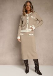 Beżowy Sweterkowy Komplet z Dzianiny z Bawełną Kardigan i Spódnica Derrive. Brązowe swetry Renee, z aplikacjami, z bawełny, eleganckie, bez ramiączek. Za 149.99 zł.