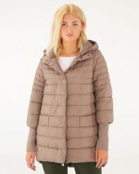 Kurtka pikowana z kapturem. Brązowe kurtki Unisono, s, bez wzorów, z kapturem. Za 399.00 zł.