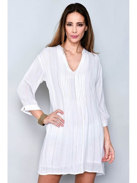 H.H.G. Sukienka w kolorze białym ze wzorem rozmiar: L. Białe sukienki H.H.G., na co dzień, l, bez wzorów, z wiskozy, bez kołnierzyka, bez ramiączek, midi, proste. Za 43.88 zł.