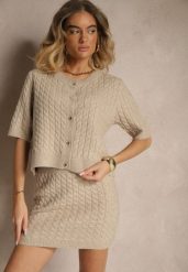 Beżowy Kardigan z Wełną i Ozdobnymi Guzikami i Tłoczeniem Halanira. Brązowe swetry Renee, z aplikacjami, z wełny, eleganckie, bez ramiączek. W wyprzedaży za 119.99 zł.