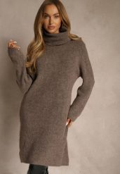 Jasnobrązowa Sweterkowa Sukienka Golf z Wełną i Wiskozą Fedorina. Brązowe sukienki Renee, bez wzorów, z wełny, bez ramiączek. Za 179.99 zł.