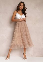 Beżowa Spódnica Midi z Tiulowymi Falbankami Kontha. Brązowe spódnice Renee, m, bez wzorów, z tiulu, eleganckie, midi. W wyprzedaży za 135.99 zł.