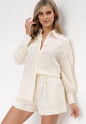 Beżowy 2-cześciowy Komplet z Szortami i Elegancką Koszulą Alesa. Brązowe koszule Born2be, m, bez wzorów, eleganckie, bez kołnierzyka, bez ramiączek. W wyprzedaży za 169.99 zł.