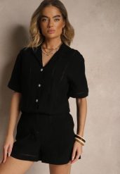 Czarne Szorty z Bawełny High Waist Ozdobione Geometrycznym Wzorem Galessira. Czarne szorty Renee, bez wzorów, z bawełny, eleganckie. W wyprzedaży za 55.99 zł.