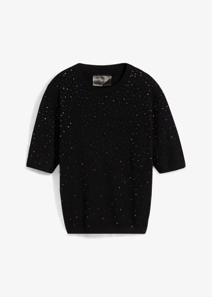 Sweter z połyskującymi kamieniami, rękawy 1/2. Czarne swetry bonprix, bez wzorów, z wiskozy, bez ramiączek. Za 129.99 zł.