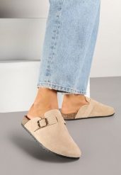 Beżowe Klapki Ozdobione Klamrą na Pasku Zelevelis. Brązowe klapki Renee, bez wzorów, z jeansu, eleganckie, bez obcasa, na obcasie, bez zapięcia. W wyprzedaży za 67.49 zł.