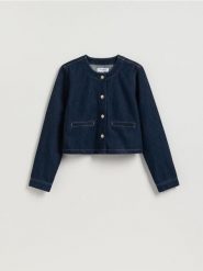 Jeansowa marynarka - granatowy. Niebieskie marynarki i żakiety Reserved, l, bez wzorów, z denimu, bez ramiączek. Za 129.99 zł.