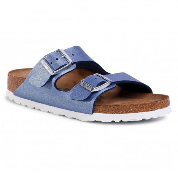 Klapki damskie Birkenstock Arizona BS regular. Niebieskie klapki Birkenstock, bez wzorów, z materiału, klasyczne, bez obcasa, bez zapięcia. Za 287.00 zł.