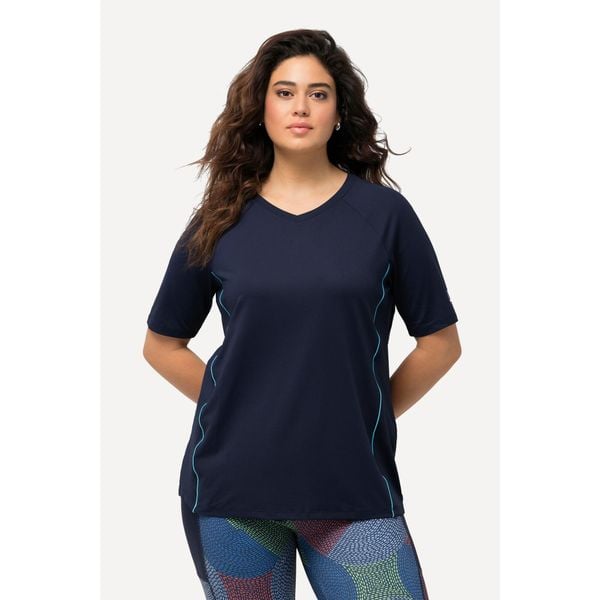 Damskie T-shirt ochrona UV 50+ dekolt w serek rękaw 1/2. Niebieskie t-shirty sportowe Ulla Popken, plus size, bez wzorów, z elastanu, bez ramiączek. Za 179.99 zł.