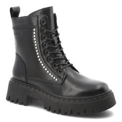 Glany damskie Big Star, za kostkę na masywnej podeszwie z eko skóry z okrągłym noskiem i na zamek, czarne, OO274A255. Czarne botki BIG STAR, z aplikacjami, ze skóry, klasyczne, z okrągłym noskiem, przed kolano, bez obcasa, bez zapięcia. Za 239.00 zł.