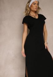 Czarna Sukienka z Bawełny o Pudełkowym Kroju i Dekolcie w V i Rozcięciami Natindra. Czarne sukienki Renee, na spotkanie biznesowe, l, bez wzorów, z bawełny, eleganckie, bez kołnierzyka, bez ramiączek, maxi. W wyprzedaży za 63.99 zł.