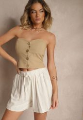 Jasnobeżowe Szorty z Lnem High Waist Ozdobione Wiązaniem Lenielle. Brązowe szorty Renee, bez wzorów, eleganckie. W wyprzedaży za 39.99 zł.