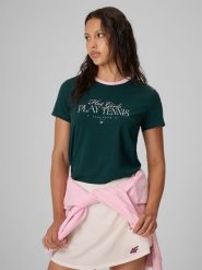 4F T-shirt regular z nadrukiem damski - zielony XL. Zielone t-shirty sportowe 4f, m, bez wzorów, z bawełny, bez ramiączek, tenisowe. Za 59.99 zł.