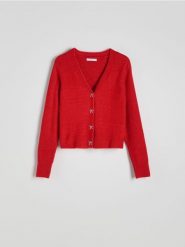 Kardigan z ozdobnymi guzikami - czerwony. Czerwone swetry Reserved, l, bez wzorów, z dzianiny, bez ramiączek. W wyprzedaży za 99.99 zł.