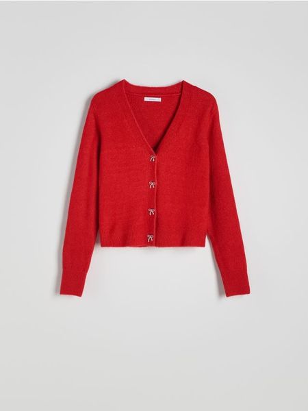 Kardigan z ozdobnymi guzikami - czerwony. Czerwone swetry Reserved, l, bez wzorów, z dzianiny, bez ramiączek. W wyprzedaży za 99.99 zł.
