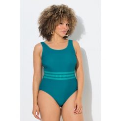 Damskie Strój kąpielowy ozdobne paski bez miękkich miseczek okrągły dekolt. Niebieskie stroje jednoczęściowe Ulla Popken, bez wzorów, z elastanu, sportowe. Za 199.99 zł.