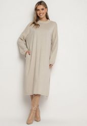 Beżowa Pudełkowa Sukienka z Wiskozą Ozdobiona Metaliczną Nicią Arfalea. Brązowe sukienki Born2be, na co dzień, bez wzorów, z jeansu, eleganckie, bez kołnierzyka, bez ramiączek, midi, proste. W wyprzedaży za 110.49 zł.