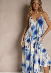 Niebieska Sukienka z Wiskozy Ozdobiona Abstrakcyjnym Wzorem Nilluna. Niebieskie sukienki Renee, na co dzień, m, bez wzorów, z jeansu, eleganckie, bez kołnierzyka, bez ramiączek, maxi, sportowe. W wyprzedaży za 95.99 zł.