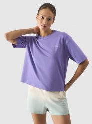 4F T-shirt oversize z nadrukiem damski - fioletowy S. Fioletowe t-shirty 4f, s, bez wzorów, z bawełny, klasyczne, bez kołnierzyka, bez ramiączek. Za 49.99 zł.