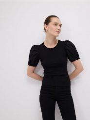 Bluzka z modalem - czarny. Czarne bluzki Reserved, l, bez wzorów, z dzianiny, bez kołnierzyka, bez ramiączek. Za 99.99 zł.