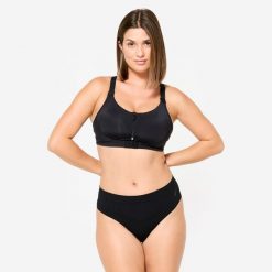 Stanik sportowy dla kobiet po mastektomii Jog kokoon+ (wyrób medyczny). Czarne biustonosze sportowe Decathlon, bez wzorów, z materiału, na fitness i siłownię. Za 149.99 zł.