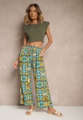 Zielone Bawełniane Spodnie High Waist Szerokie we Wzór Boho Tolioria. Zielone jeansy Renee, bez wzorów, z bawełny, biznesowe, z podwyższonym stanem. W wyprzedaży za 20.99 zł.