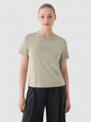 4F T-shirt regular z nadrukiem damski - oliwkowy/khaki S. Brązowe t-shirty 4f, s, bez wzorów, z bawełny, klasyczne, bez kołnierzyka, bez ramiączek. W wyprzedaży za 29.99 zł.