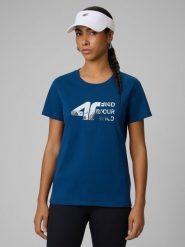 4F T-shirt regular z nadrukiem damski - turkusowy S. Niebieskie t-shirty 4f, s, bez wzorów, z bawełny, bez kołnierzyka, bez ramiączek. Za 59.99 zł.