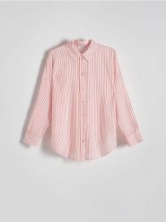 Oversizowa koszula w paski - czerwony. Czerwone koszule Reserved, l, bez wzorów, bez kołnierzyka, bez ramiączek. W wyprzedaży za 39.99 zł.