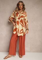 Pomarańczowy Komplet z Wiskozą Spodnie i Koszula w Geometryczny Wzór Rinmeria. Brązowe koszule Renee, m, bez wzorów, z wiskozy, eleganckie, bez kołnierzyka, bez ramiączek. W wyprzedaży za 107.99 zł.