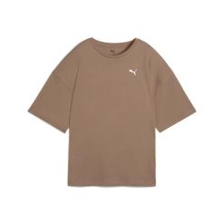 Damska koszulka z nadrukiem Puma Essentials. Brązowe t-shirty sportowe Puma, bez wzorów, bez ramiączek. Za 158.00 zł.