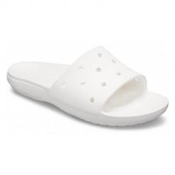 Klapki damskie Crocs Classic Slide. Białe klapki Crocs, bez wzorów, z syntetyku, sportowe, bez obcasa, bez zapięcia. W wyprzedaży za 111.95 zł.