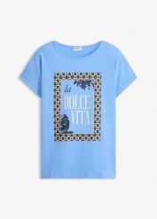 T-shirt z czystej bawełny organicznej. Niebieskie t-shirty bonprix, bez wzorów, z bawełny, eleganckie, bez kołnierzyka, bez ramiączek. Za 54.99 zł.