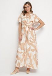 Jasnobeżowa Wiskozowa Sukienka Rozkloszowana z Kopertowym Dekoltem i Paskiem Jerriana. Brązowe sukienki Born2be, na co dzień, l, bez wzorów, z wiskozy, eleganckie, bez kołnierzyka, bez ramiączek, maxi, kopertowe. W wyprzedaży za 84.99 zł.