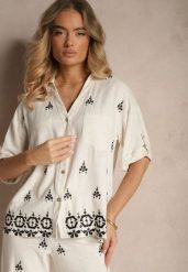 Biało-Czarna Luźna Koszula z Wzorem Boho z Lnu i Wiskozy Karisna. Białe koszule Renee, m, bez wzorów, z jeansu, boho, bez kołnierzyka, bez ramiączek. W wyprzedaży za 83.99 zł.
