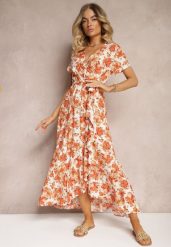 Pomarańczowa Rozkloszowana Sukienka z Wiskozy z Gumką w Pasie i Materiałowym Paskiem Vikllia. Brązowe sukienki Renee, l, bez wzorów, z materiału, eleganckie, bez kołnierzyka, bez ramiączek, maxi, dopasowane. W wyprzedaży za 83.99 zł.