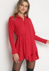Czerwona Asymetryczna Sukienka o Koszulowym Kroju z Gumką w Talii Elodina. Czerwone sukienki Born2be, na spotkanie biznesowe, bez wzorów, eleganckie, z asymetrycznym kołnierzem, bez ramiączek, mini, asymetryczne. W wyprzedaży za 72.24 zł.