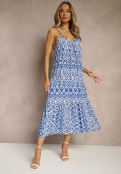 Niebieska Bawełniana Sukienka w Geometryczny Wzór Koloniela. Niebieskie sukienki Renee, na co dzień, l, bez wzorów, z bawełny, eleganckie, bez kołnierzyka, bez ramiączek, midi. W wyprzedaży za 43.99 zł.