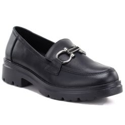 Skórzane półbuty damskie lordsy czarne Jezzi JH03-2. Czarne półbuty wsuwane Jezzi, bez wzorów, ze skóry, bez obcasa. Za 189.99 zł.
