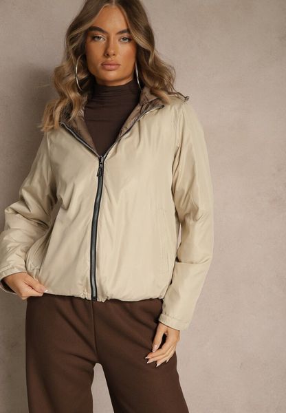 Beżowo-Brązowa Dwustronna Kurtka z Pikowanymi Przeszyciami i Odpinanym Kapturem Zelirelle. Brązowe kurtki Renee, l, bez wzorów, z jeansu, eleganckie. Za 189.99 zł.