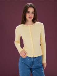 Bluzka z bawełną z długim rękawem - żółty. Żółte bluzki Sinsay, l, bez wzorów, z bawełny, bez kołnierzyka, bez ramiączek. Za 29.99 zł.