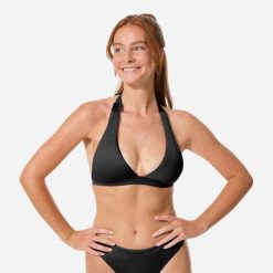 Góra kostiumu kąpielowego damska Decathlon Cora. Czarne bikini Decathlon, bez wzorów, z elastanu, sportowe. Za 69.99 zł.