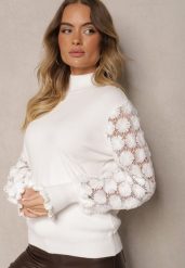 Biały Półgolf Sweter z Wiskozą Ściągaczem i Koronką Liasara. Białe swetry Renee, na zimę, s, bez wzorów, z koronki, casualowe, bez ramiączek. W wyprzedaży za 79.99 zł.