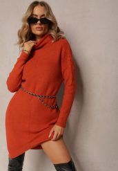 Czerwona Sukienka ze Sweterkowej Dzianiny z Golfem i Wycięciem na Dole Weronitte. Brązowe sukienki Renee, na co dzień, l, bez wzorów, z dzianiny, klasyczne, bez kołnierzyka, bez ramiączek, mini. W wyprzedaży za 63.99 zł.